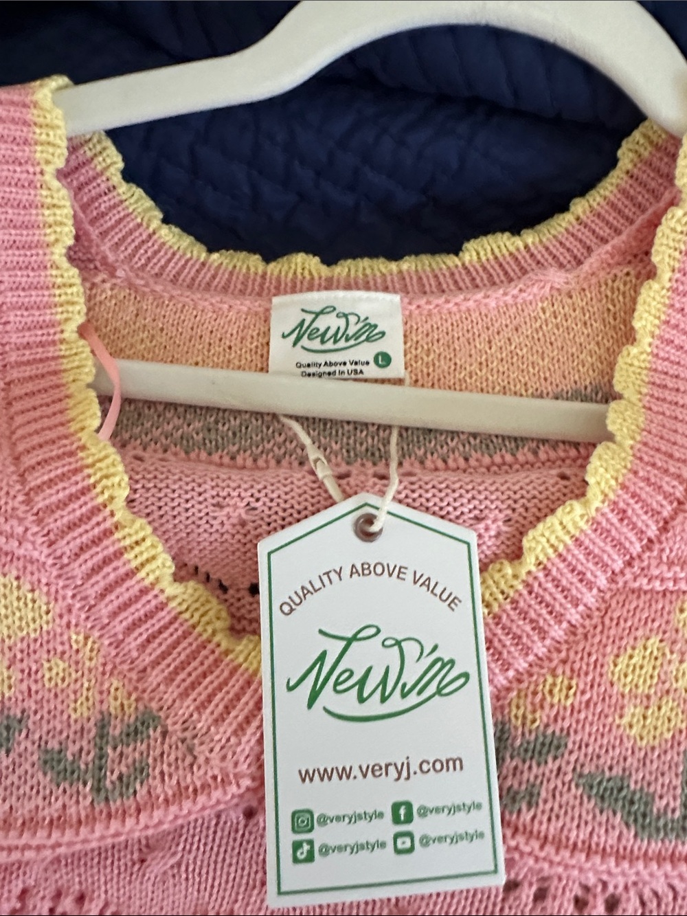 New Me Pink Crewneck Sweater with Yellow Scalloped Trim